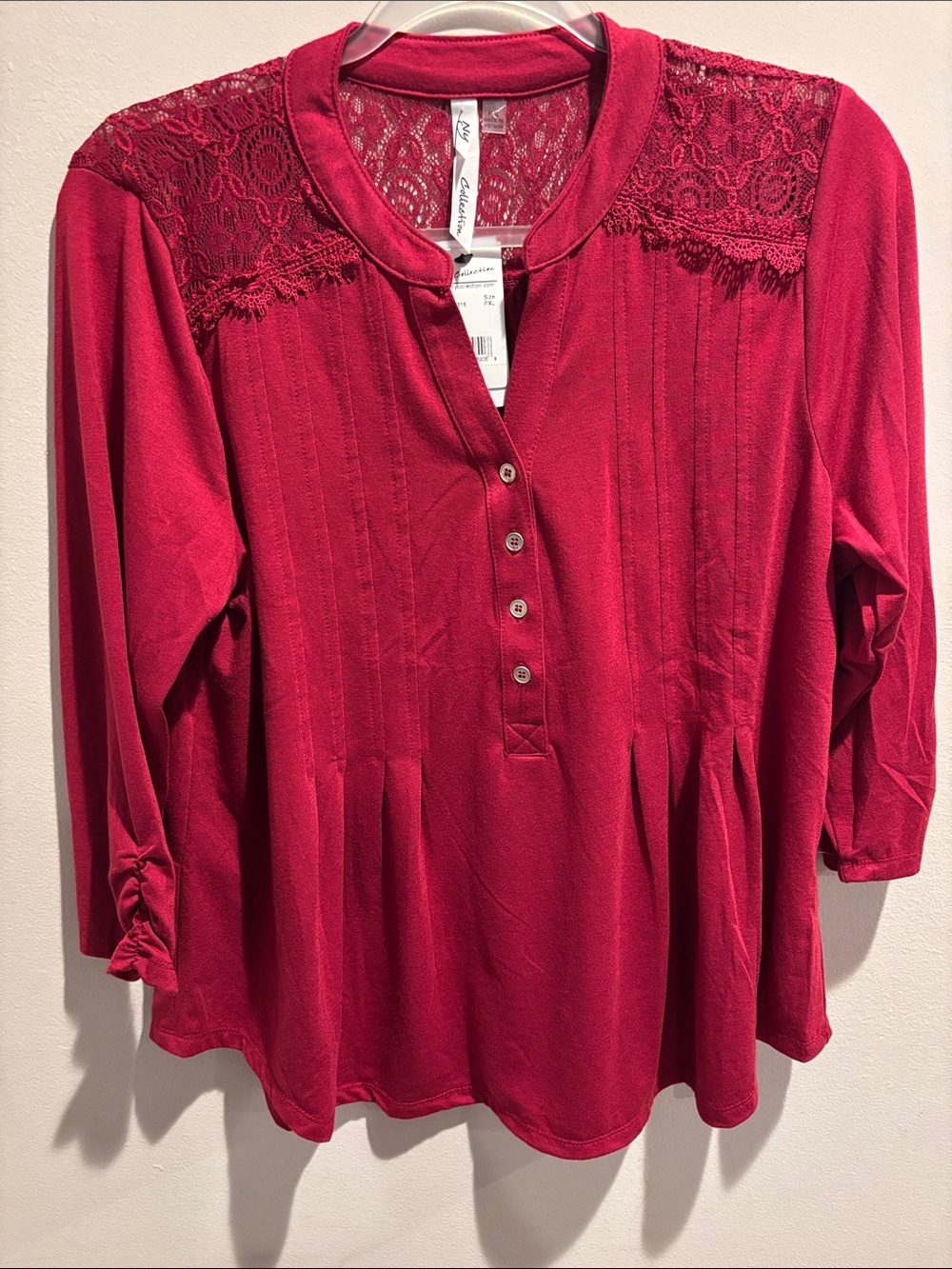 NY Collection Raspberry Lace-Trim Henley Blouse with 3/4 inch sleeves